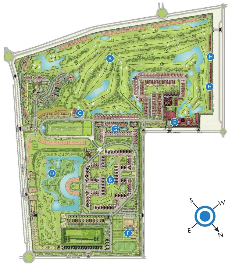 Jaypee Greens Villas — Masterplan showing a large residential development with golf courses, lakes, and various clusters of villas.