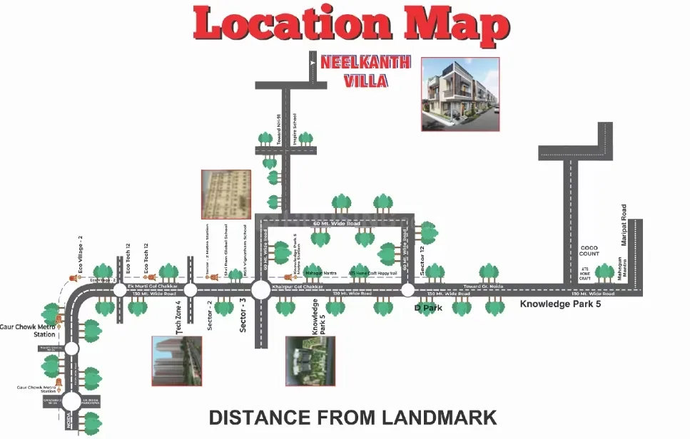 Pinnacle Neelkanth Villa — Location map of Neelkanth Villa showing proximity to Gaur Chowk Metro Station and other landmarks