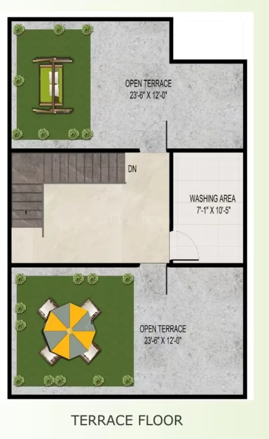 Real Homez Green Villa 2 — Floor plan displaying a terrace floor layout with two open terraces, a washing area, and stairs.