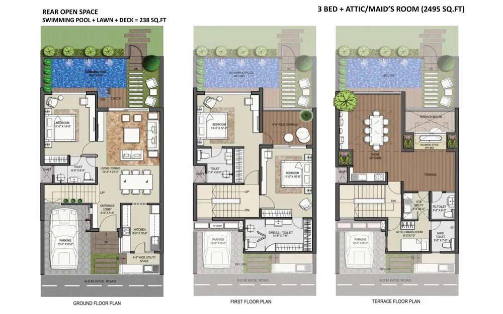 Rise Sports Villas 3 bedroom 2495 sq ft floor plan across ground, first and terrace