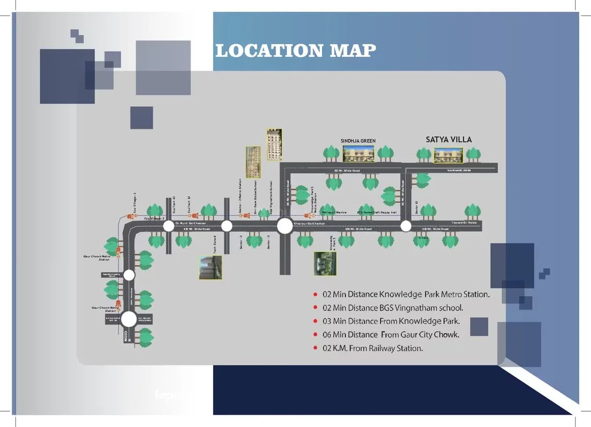 Satya Villa — Location map showing Sinduja Green and Satya Villa, with points of interest and distances listed.
