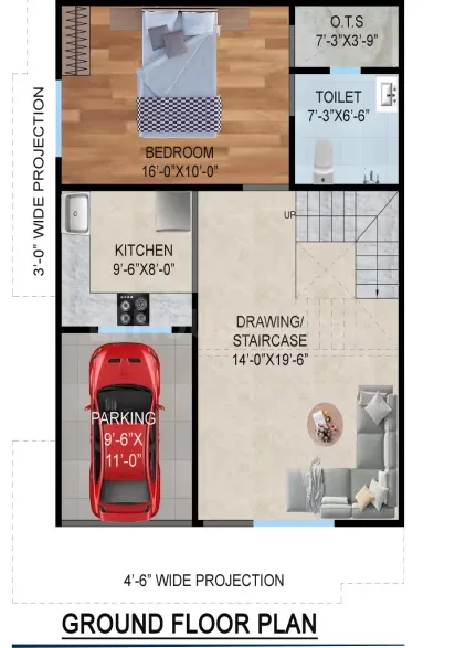 Arsh Green Villa 2 — Ground floor plan showing a bedroom, kitchen, toilet, drawing/staircase area, and parking with dimensions.