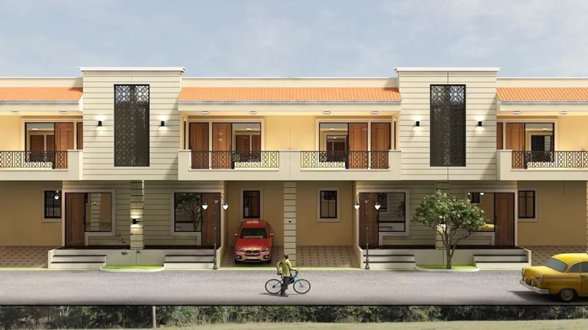 Satya Villa — A 3D render of two attached villas with light yellow walls, terracotta roofs, balconies, and individual carports.