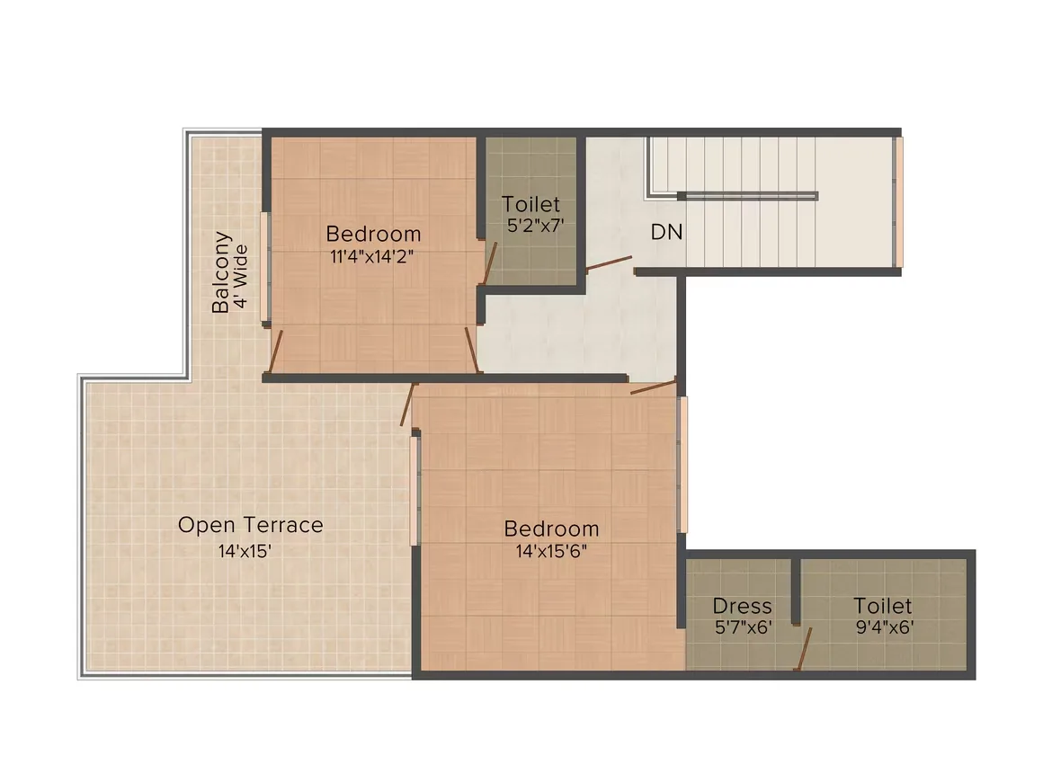 Supertech Holiday Village — Floor plan showing two bedrooms, two toilets, a dress area, a balcony, an open terrace, and stairs.