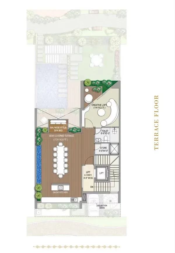 Rise Resort Residence Villa — Floor plan of a terrace level with Bali-style spa, semi-covered terrace, creative loft, and show kitchen.