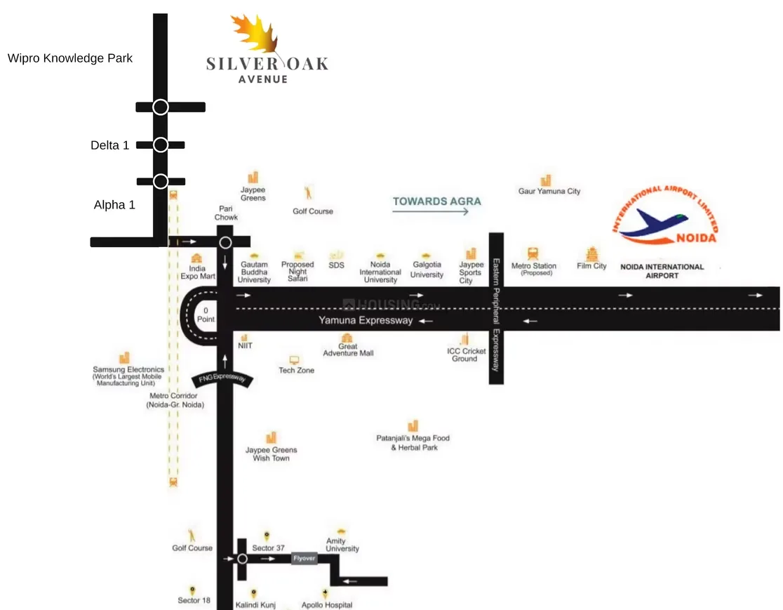Pride Villas — Location map showing Silver Oak Avenue near Yamuna Expressway, Noida, with landmarks like Wipro Knowledge Park and Noida International Airport.