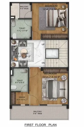 Shree Shyam Luxury Villas — First floor plan with two bedrooms, two toilets, a lobby, a dressing room, and two balconies.