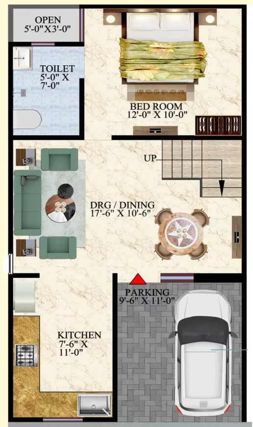 IBP Windsor Valley — Floor plan rendering of a ground floor with bedroom, toilet, open space, drawing/dining area, kitchen and parking.