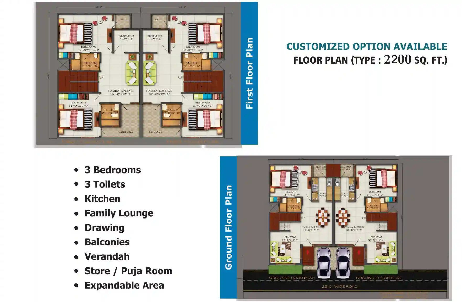 Green Villa 2 duplex villa floor plan 2200 sq ft with 3 bedrooms.