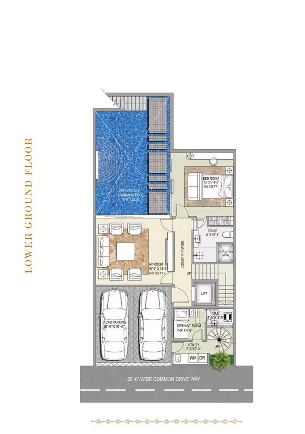 Rise Resort Residence Villa — Floor plan for a lower ground floor showing 2-car parking, AV room, lobby, bedroom, servant room, utility, and a swimming pool.