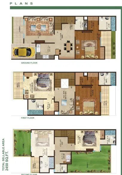Amrapali Dream Valley 2450 sq ft villa floor plan across ground, first and second floors.