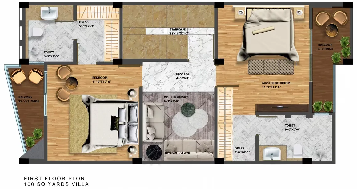 Escon Panache Villas — First floor plan of a 100 sq yards villa, showing two bedrooms with balconies, dressers, and toilets.