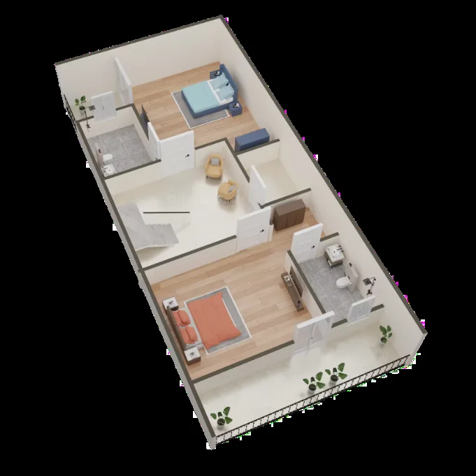 AB Crimson Villa — Rendered 3D floorplan showing two bedrooms with attached bathrooms, a living area, and a balcony.