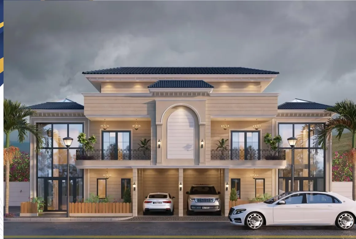 Rohin City Site Villa — Front render of a luxury villa with a beige facade, black roof, balconies, and three cars parked outside.