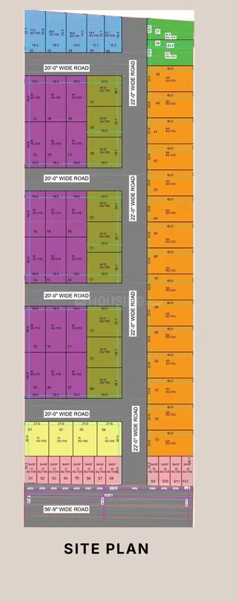 Root2Home Samridhhi Villas — Site plan showing plot layouts, roads, and dimensions, with plots colored in various shades.