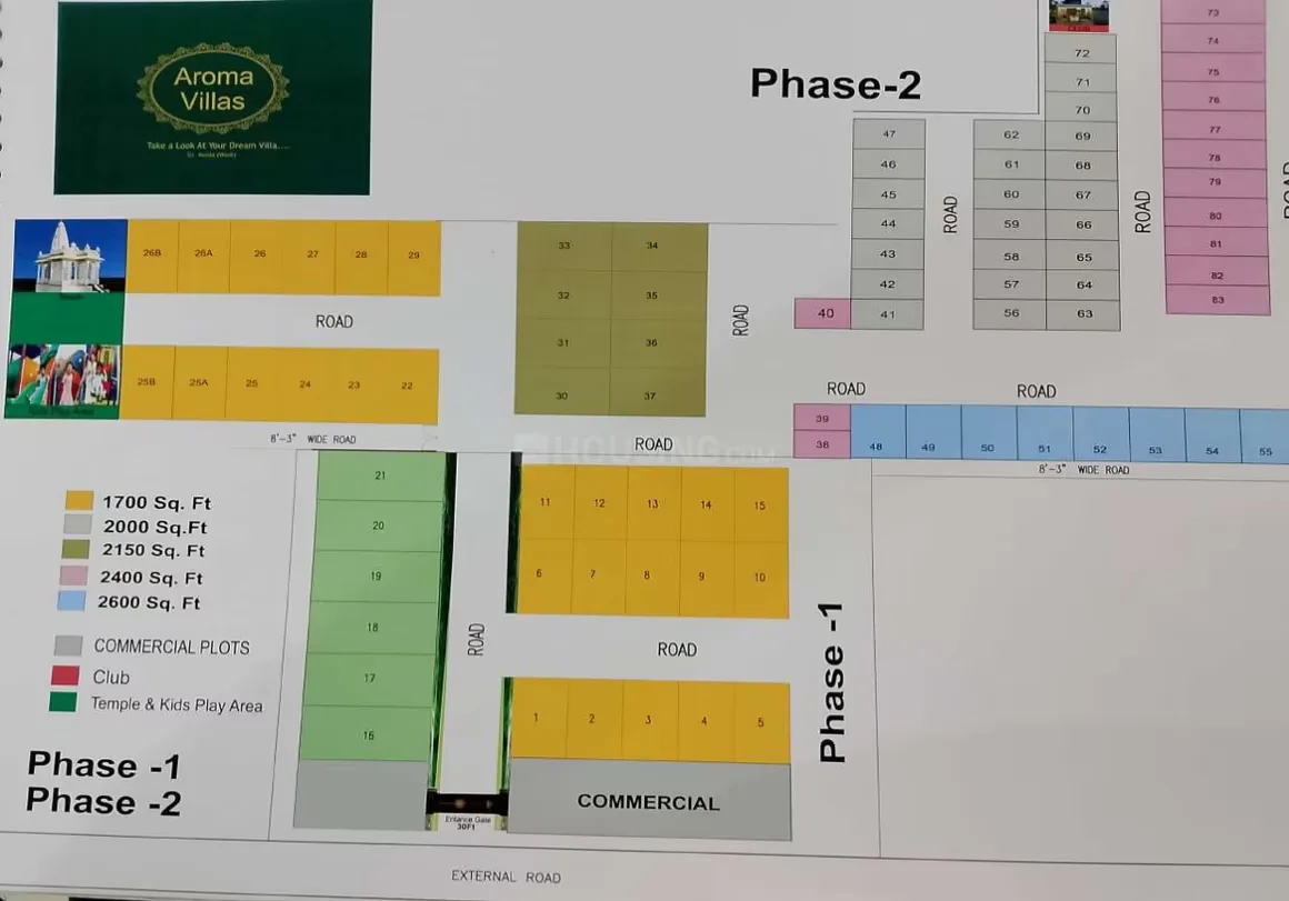 Shri Aroma Villas 2 — A site plan for Aroma Villas showing plots, roads, commercial areas, and amenities like a temple and kid's play area.