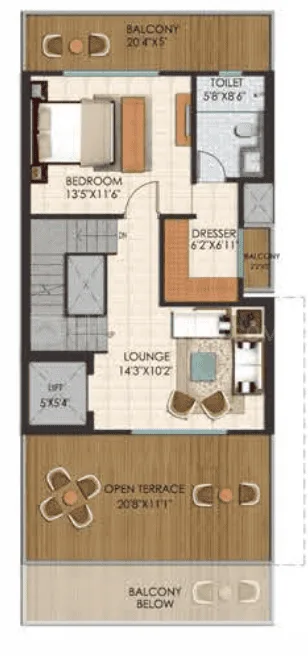 Sunrise Suntwilight Recreational Phase 1 — Floorplan of a unit showing bedroom, toilet, dresser, lounge, open terrace and balconies