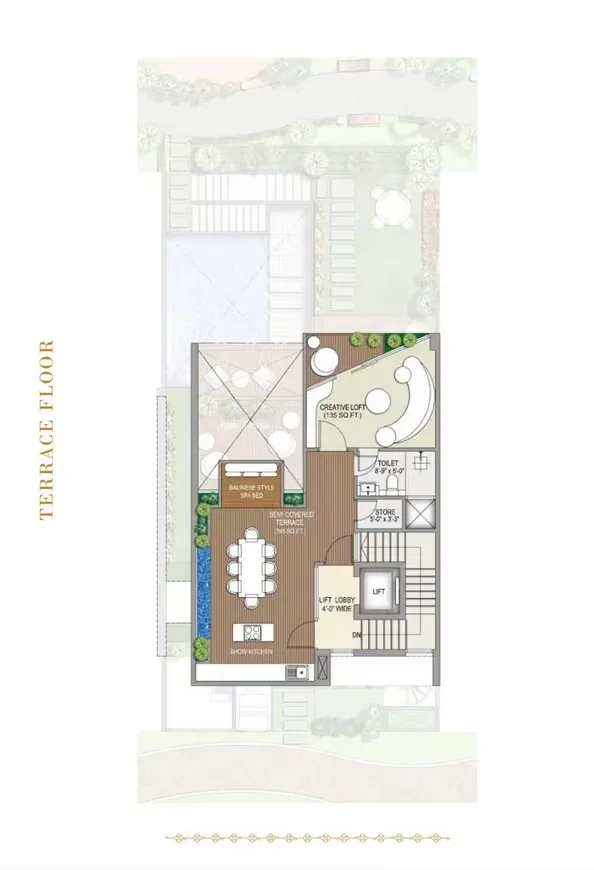 Rise Resort Residence Villa — Floorplan of a terrace level with creative loft, semi-covered terrace, toilet, store, and lift lobby.