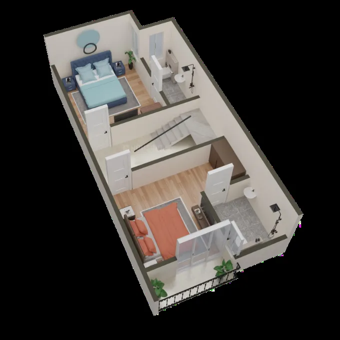 SK Sunshine Villa — 3D render of a two-story floor plan showing two bedrooms, two bathrooms, and a staircase.