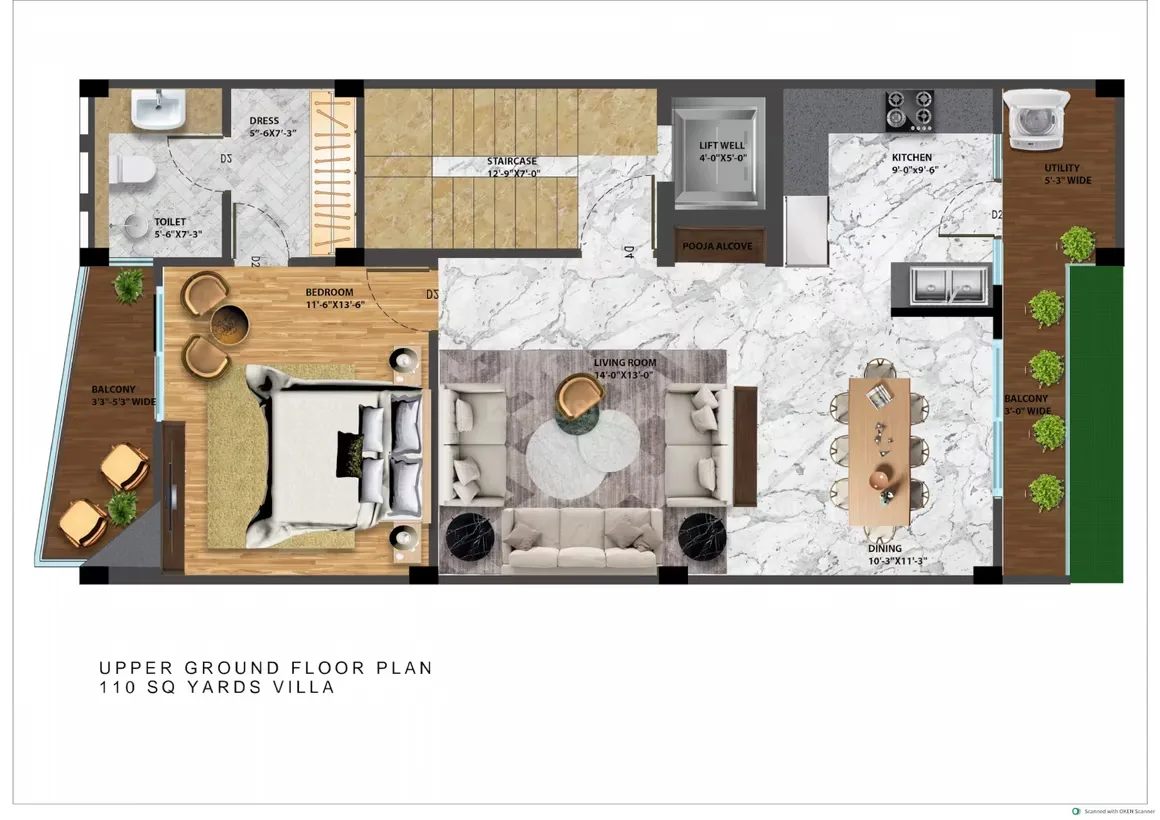 Escon Panache Villas — Floor plan for a 110 sq yards villa, showing upper ground level with bedroom, living room, kitchen, dining, and balconies.
