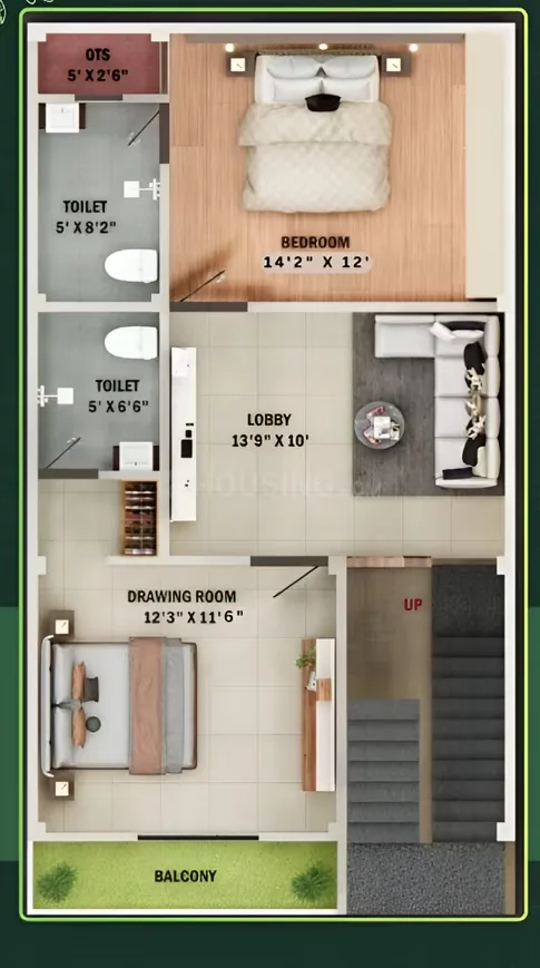 The Heritage Villas — Floor plan rendering of a residential unit with dimensions for bedroom, toilets, lobby, and drawing room.