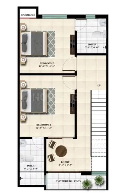 T3S Lavish Greens Villas — Floor plan showing Bedroom 2, Bedroom 3, two Toilets, a Lobby, and a 3-4 feet wide Balcony.