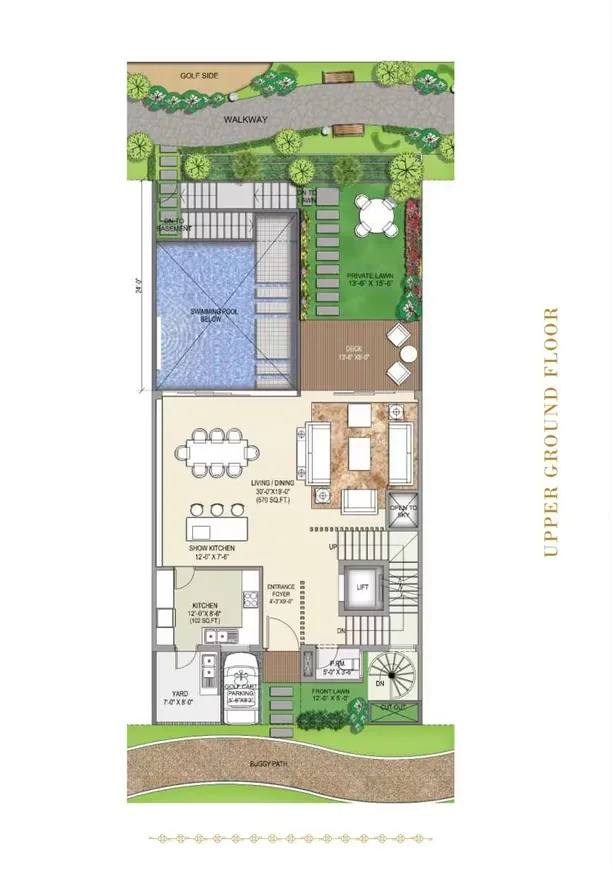 Rise Resort Residence Villa — Floor plan of an upper ground floor showing living, dining, kitchen, swimming pool, private lawn, and golf side walkway.