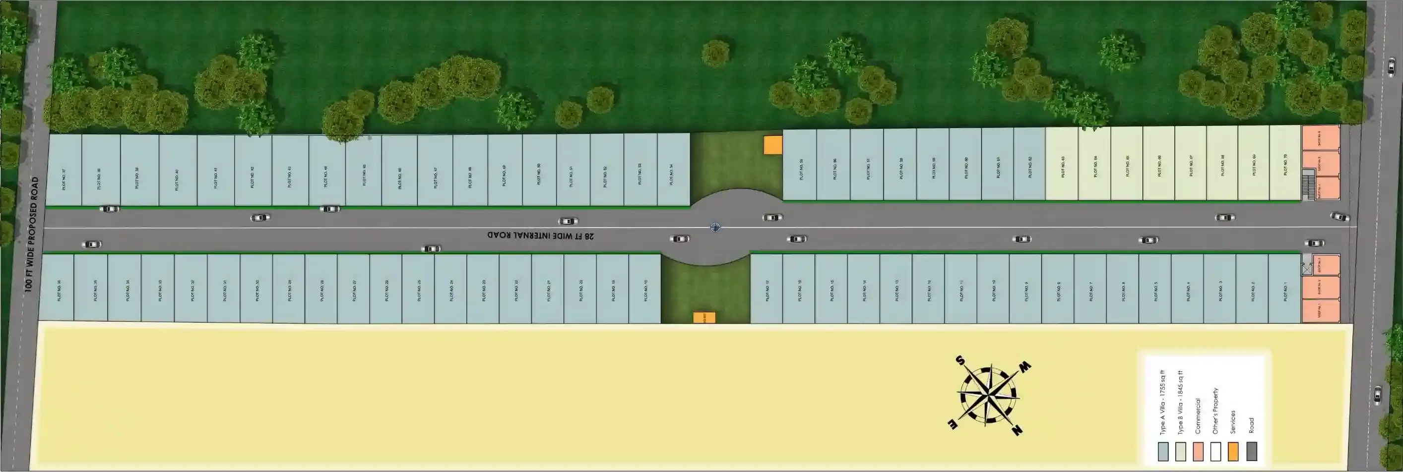 Trinity Primus Villas site plan showing 70 plots split into Type A and Type B villa footprints