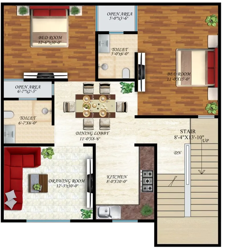 Shri Shyam Villa 2 — Detailed floor plan showing two bedrooms, drawing room, dining lobby, kitchen, toilets, and open areas.
