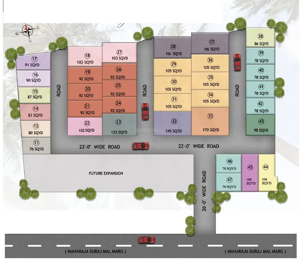 Paradise Palm Villa — Site plan showing residential plots with numbers and square yard areas, roads, and a future expansion area.