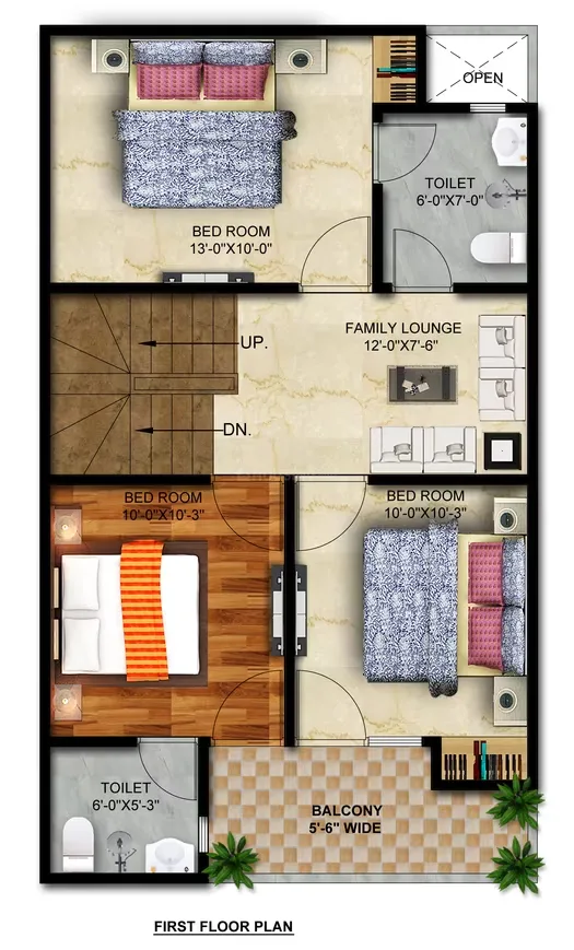 THV Vihaan Villa — First floor plan with three bedrooms, two toilets, a family lounge, and a balcony.