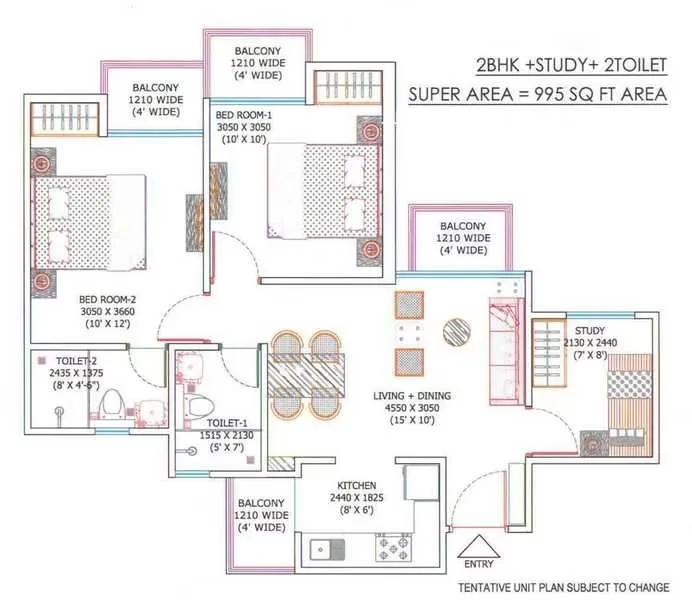 Ajnara Sports City Villas — Floorplan for a 2BHK + Study + 2 Toilet unit with a super area of 995 sq ft, showing rooms and dimensions.
