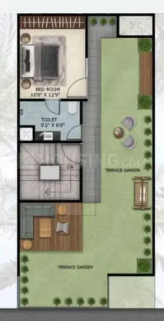 Paradise Palm Villa — Floorplan showcasing a bedroom, toilet, terrace garden, and living area on a single level.