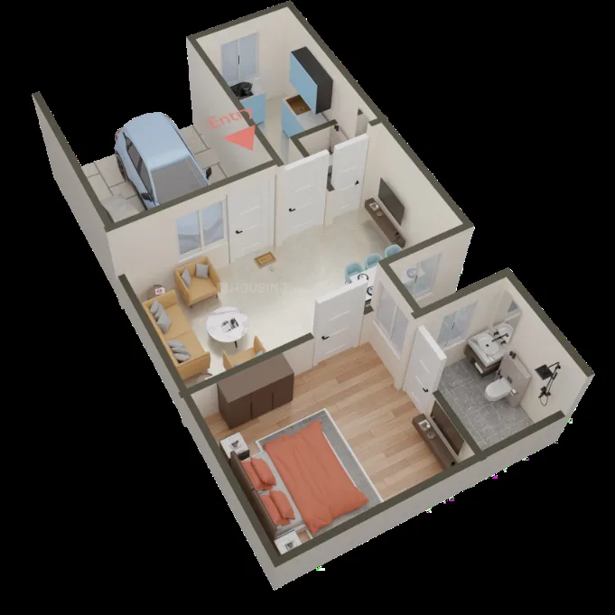 Sanskriti Garden Villas — Rendered 3D floorplan with garage, living room, kitchen, bedroom, and bathroom.