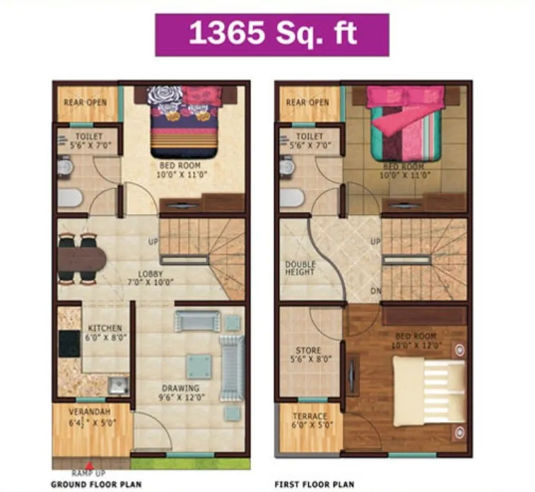 Lotus Villas 1365 sqft duplex ground and first floor plan