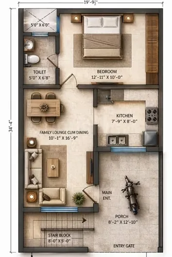 CGS Villas — Floor plan rendering showing a bedroom, toilet, family lounge cum dining, kitchen, porch, and stair block.