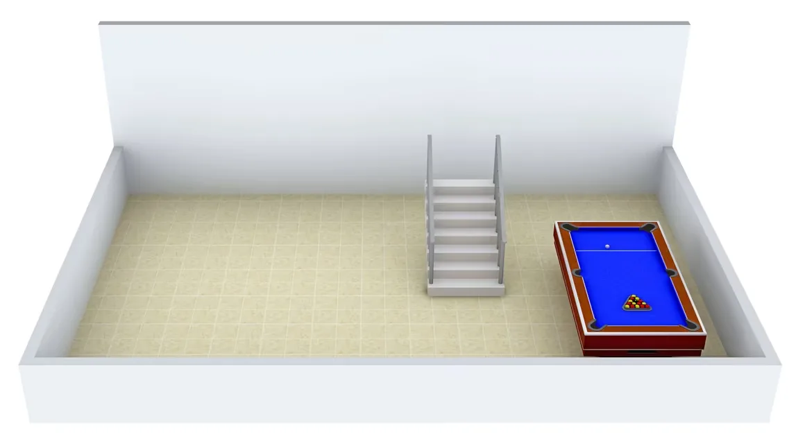 Supertech Holiday Village — Floor plan showing a large room with a billiards table and a staircase leading to an upper level