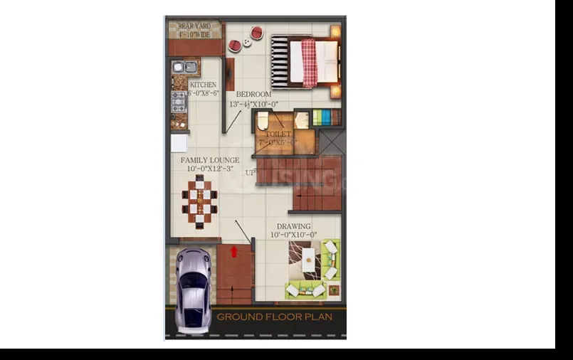 Real Homez Green Villa 2 — Ground floor plan of a villa unit showing rear yard, kitchen, bedroom, toilet, family lounge, drawing room and parking