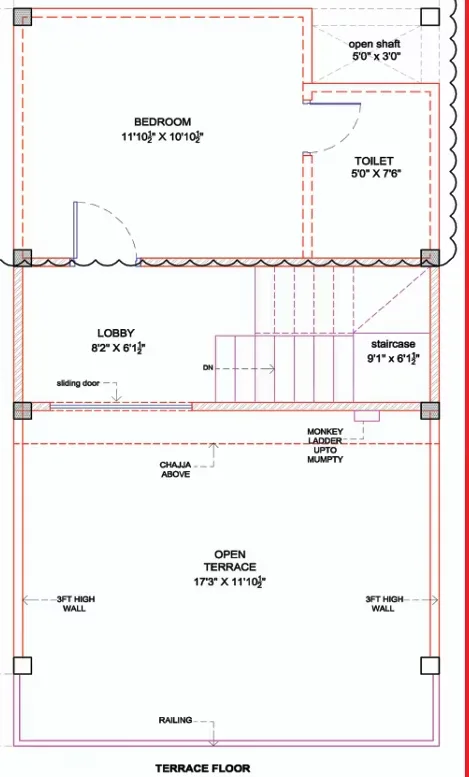 Primagic Onyx Abode — Floor plan drawing of a terrace floor with a bedroom, toilet, lobby, staircase, and open terrace.