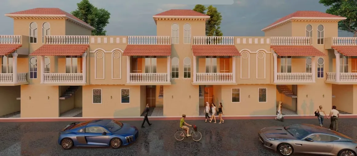 Shri Aroma Villas 2 — Architectural rendering of a row of light brown villas with red-tiled roofs, balconies, and people walking outside.