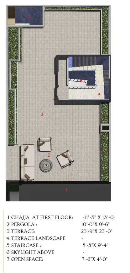 Green Villa 1 — Floor plan rendering showing a terrace with outdoor furniture, pergola, staircase, and open spaces.