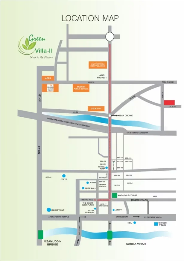 Real Homez Green Villa 2 — Location map for Green Villa-II showing roads, landmarks like schools, hospitals, and metro stations.