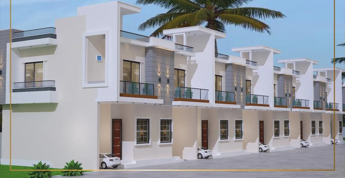 Trivor Imperial Homes — A row of modern render villas with white exteriors, balconies with glass railings, and individual carports.
