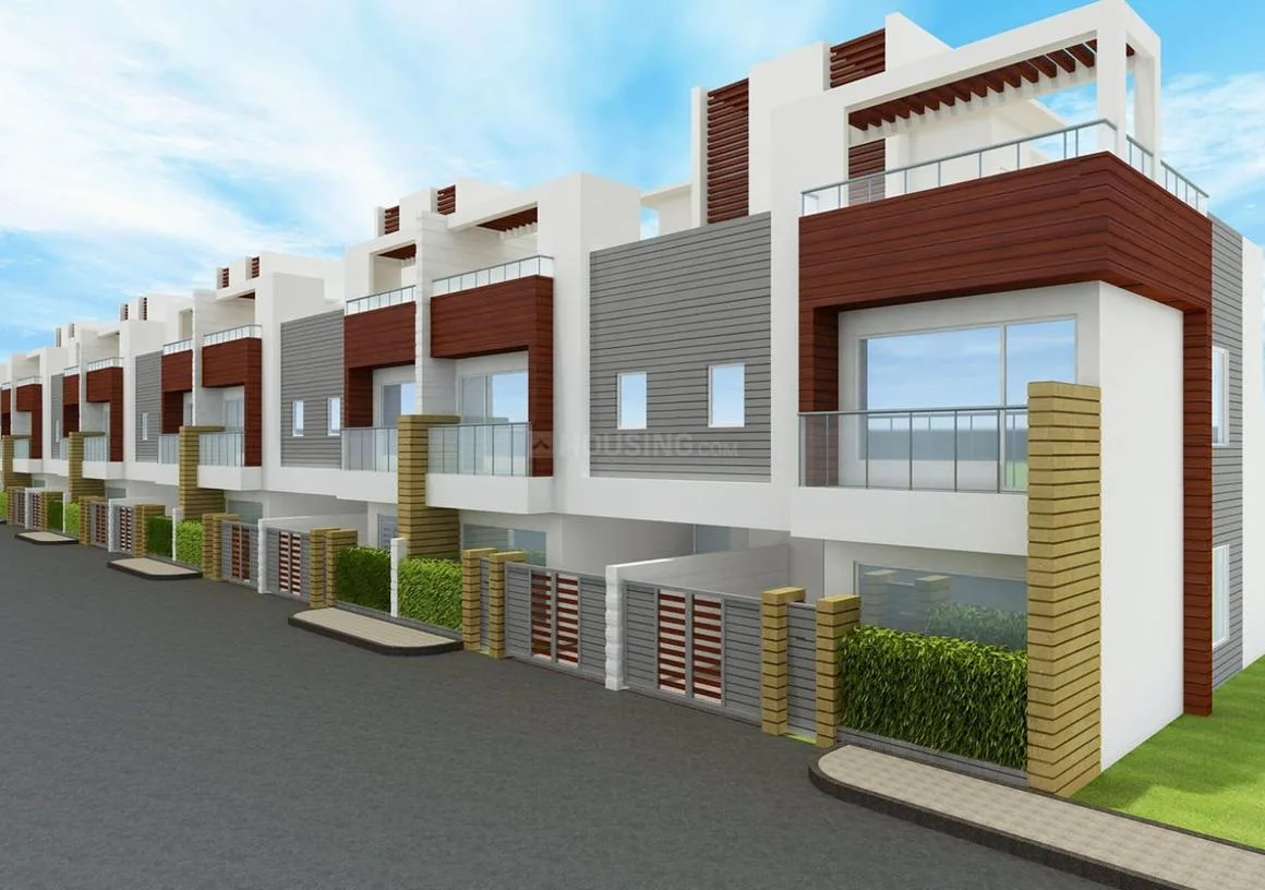 Intellicity Phase I — A row of modern render villas with white, brown, and grey exteriors under a blue sky.