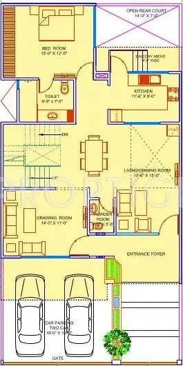 Supertech Golf Country Villas — Detailed floor plan for a villa, featuring two car parking, entrance foyer, drawing room, living/dining room, kitchen, bedroom, and an open rear court.