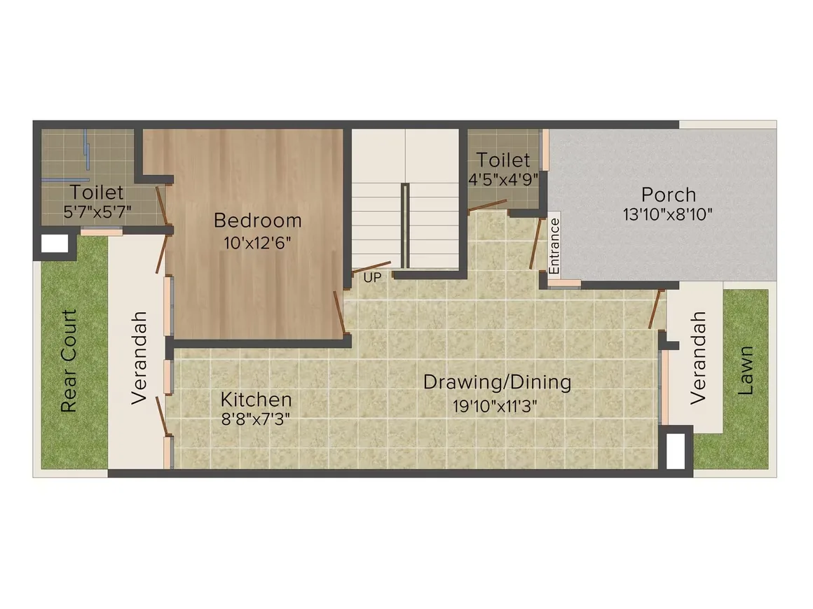 Jaypee Sportsville — Floorplan showing a bedroom, kitchen, drawing/dining area, two toilets, rear court, verandah, porch, and lawn.