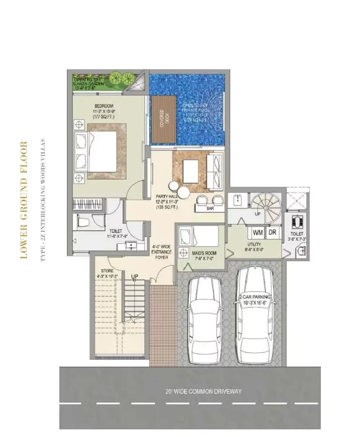 Rise Resort Residence Villa — Lower ground floor plan for Type 27 Interlocking Woods Villas with bedroom, party hall, private pool, maid's room, and 2-car parking.