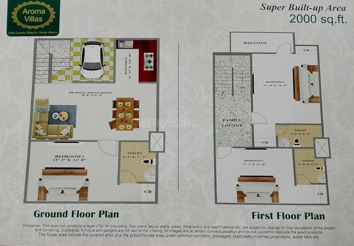 Shri Aroma Villas 2 — Floorplan for a residential unit, showing ground and first floor layouts with rooms like drawing/dining, kitchen, bedrooms, and family lounge.
