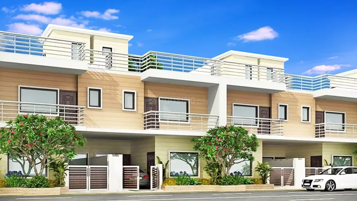Shubh Villa — Render of a row of modern two-story villas with balconies, attached terraces, and small front yards