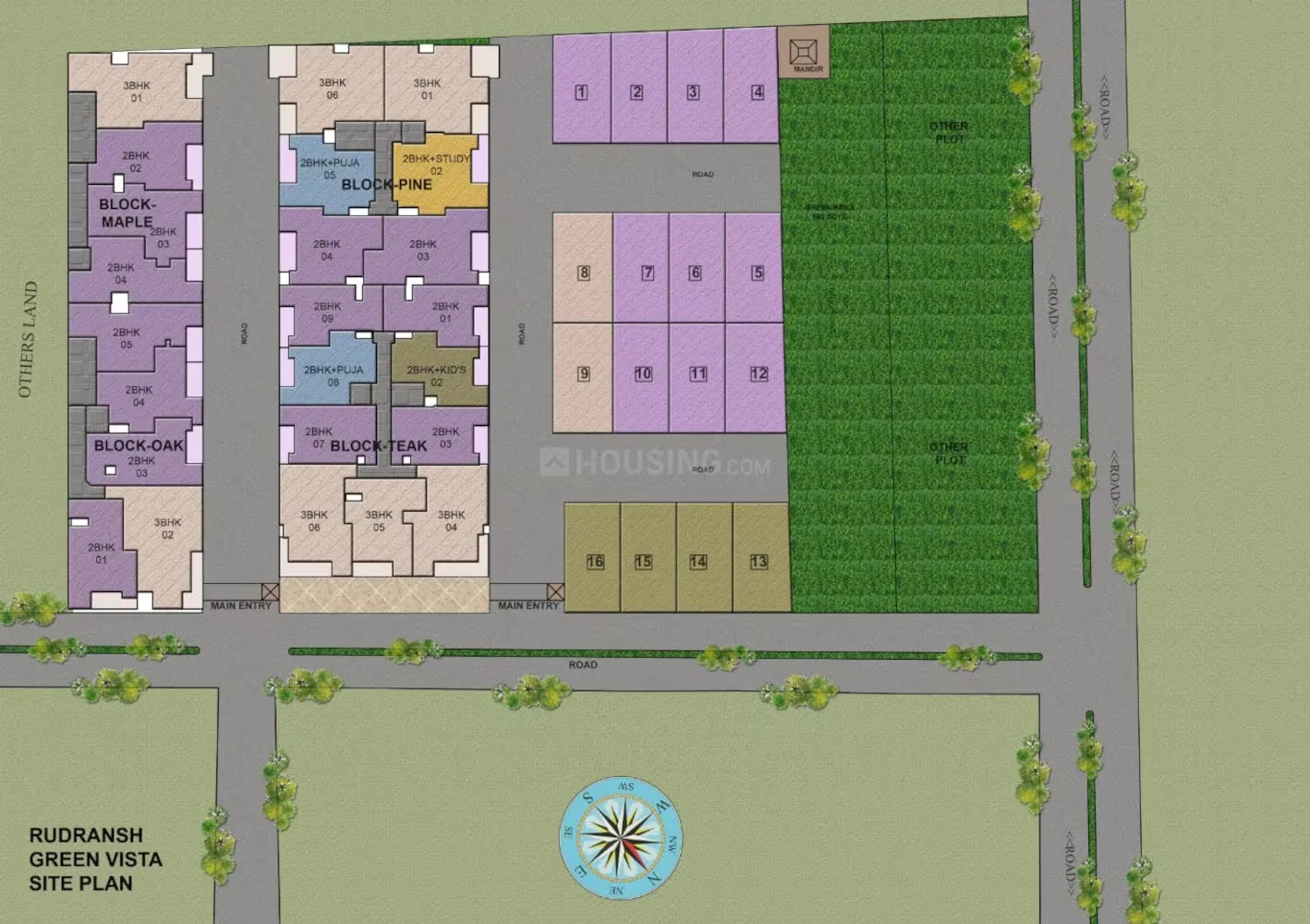 Rudransh Green Vista — Site plan for Rudransh Green Vista showing blocks named Maple, Oak, Pine, and Teak with individual unit layouts.